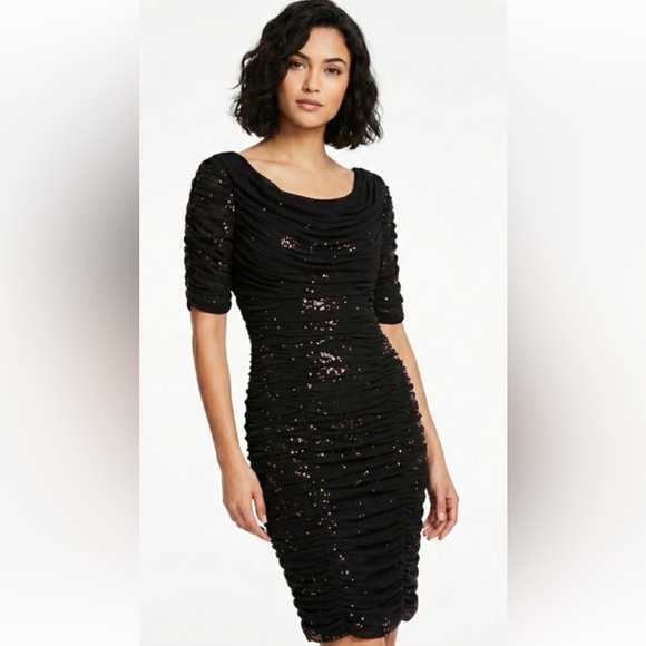 ALEX EVENINGS- Dress - Shimmering Rose Sequin Covered Ruches Black Chiffon SZ 6 - Picture 3 of 9